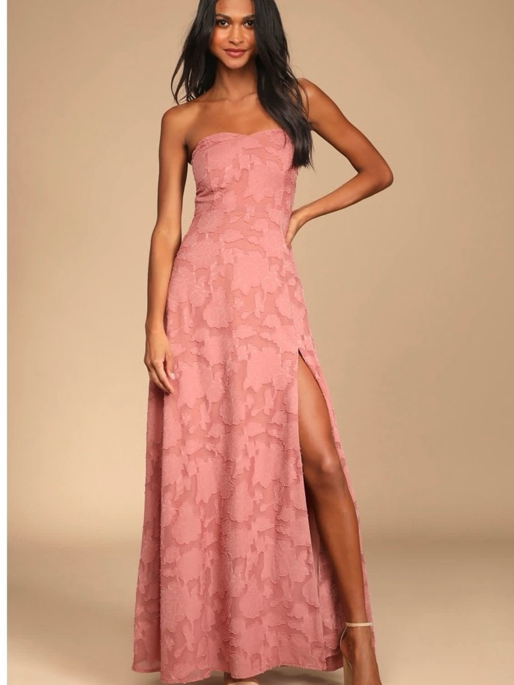 Lulu's Size Medium Dusty Rose Burnout Strapless Maxi Dress Summer Boho Slit - Picture 2 of 3